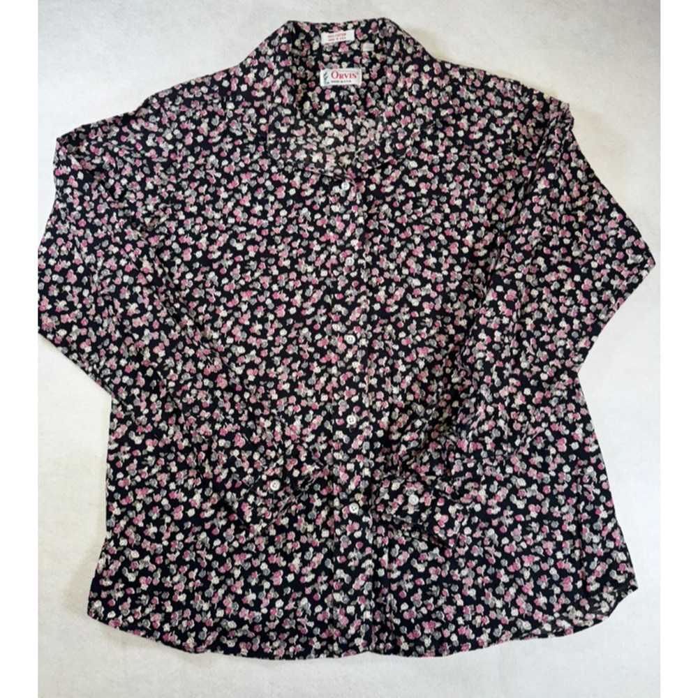 Vintage Orvis Women's Button Up Floral‎ Blouse 14 Black with Roses Long Sleve